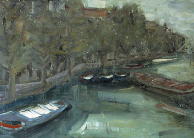 Rudolf Rothe: Claire, backside: canal with barges; ca. 1963 oil on plywood; 50x60 cm