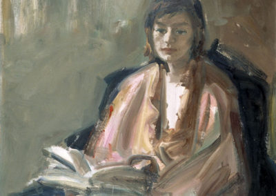 Rudolf Rothe: Lona at 16 with a book; 1963 oil on fibre-board; 115x84 cm