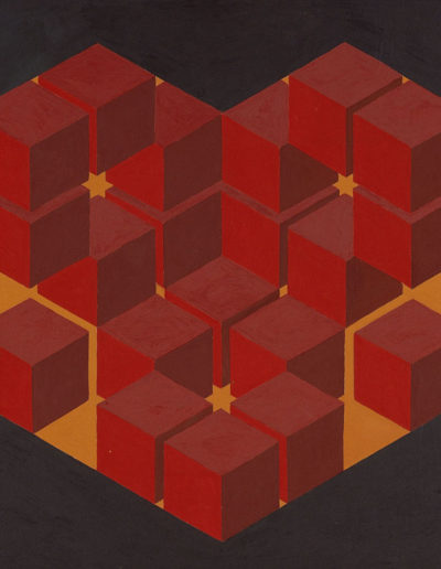 Ruth Klausch: Three Groups of Red Cubes within Hexagons; 62 x 62 cm; Oil on chipboard, 1973