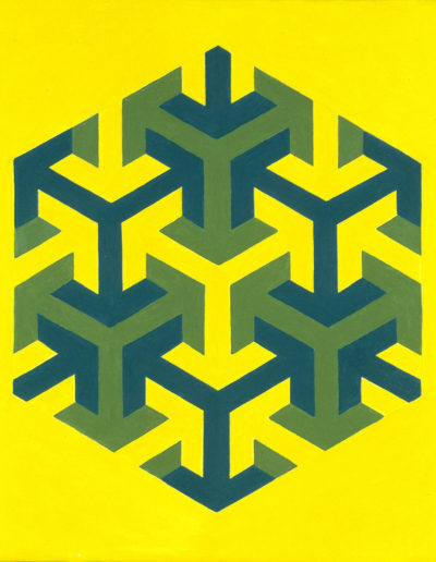 Ruth Klausch: Pfeilbild gelb-grün; 50 x 60 cm; Öl auf Leinwand, 1977. Sehen lernen:  Aus wievielen Pfeilen besteht das Bild ? Antwort: 30