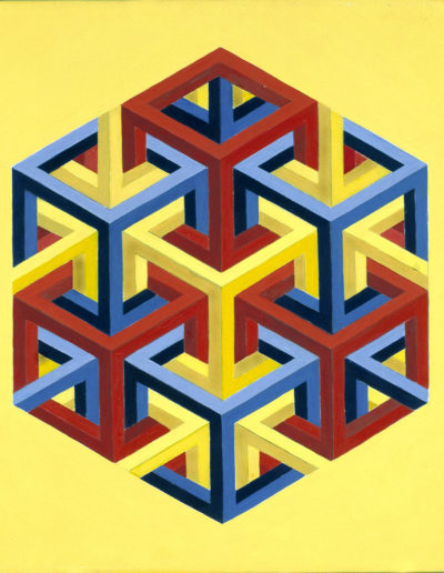 Ruth Klausch: Sept cubes ouverts; 50 x 60 cm; Huile sur toile, 1978. La même structure de base que le N° 3; à chaque croisement la decision, quelle couleur poursuivre dessus ou dessous.