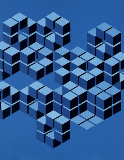 Ruth Klausch: Image trompeuse, cubes en hexagones bleu sur bleu; 65 x 65 cm; Huile sur plaque d'aggloméré, 1973