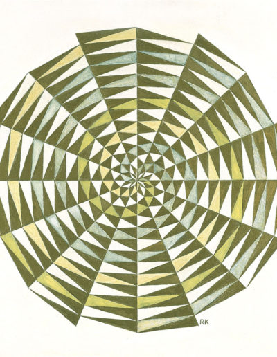 Ruth Klausch: Quatre spirales en couleurs; 62 x 62 cm; Huile sur plaque d'aggloméré, 1989. Cercles dorés concentriques, entrecoupés de spirales en pigments lumineux, fluorescents et phosphorescents, visibles seulement à la lumière ultraviolette. Impossible à representer sur l'écran!