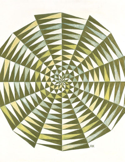 Ruth Klausch: Four Concentric Spirals; 62 x 62 cm; Oil on chipboard, 1989. Fluorescent and phosphorescent color pigments are present; impossible to render on screen.